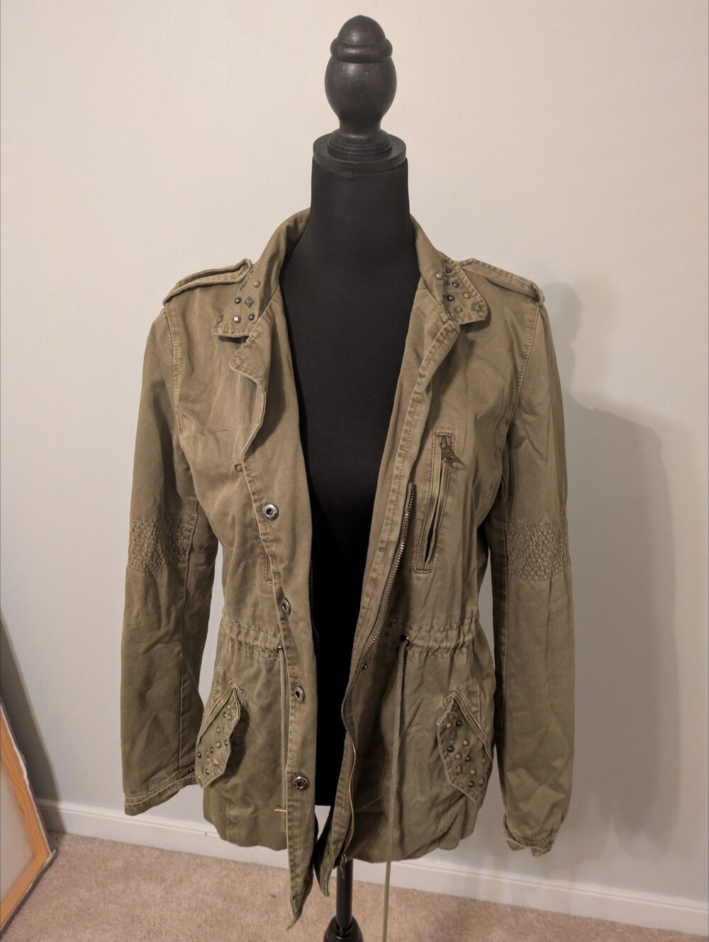 Forever 21 Olive Stud-Detail Utility Jacket With Drawstring Waist Size S